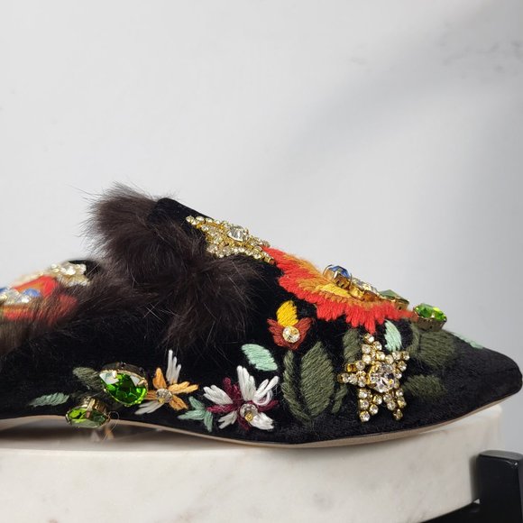NWB~$695~GEDEBE~35/5~BLACK EMBELLISHED RHINESTONE REAL FUR FLATS MULES SHOES - Picture 7 of 16